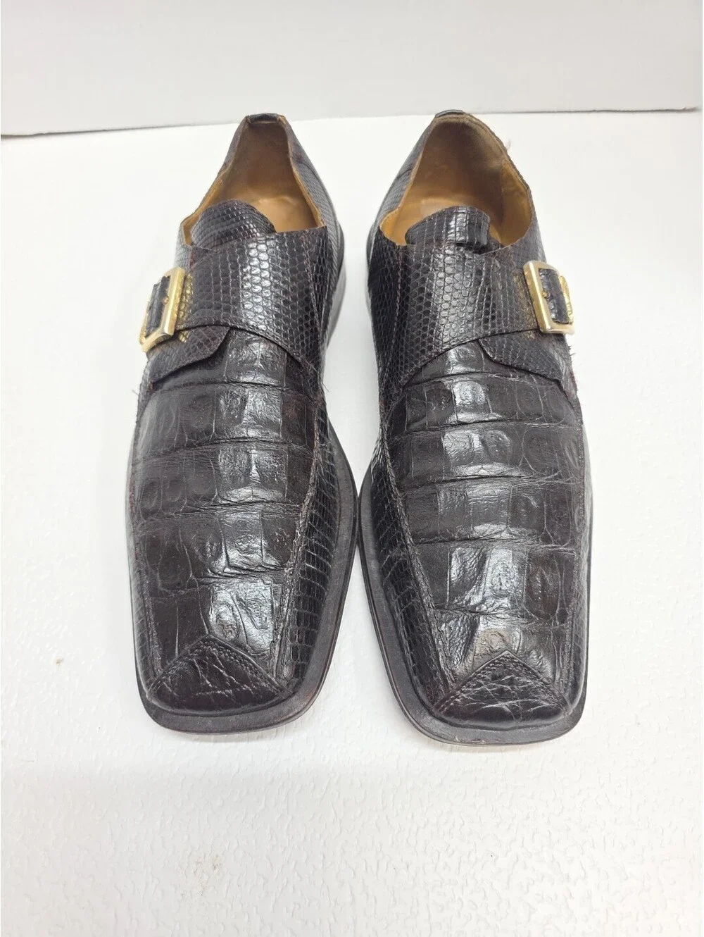 DAVID EDEN Brown Crocodile Lizard Slip On 10  Gold Buckle